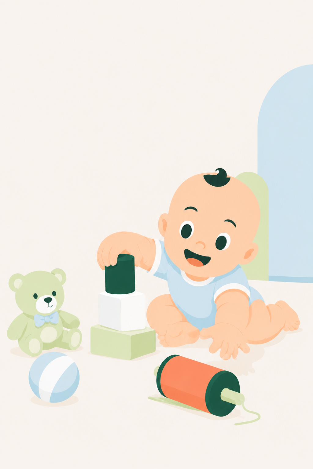 A happy baby playing with blocks