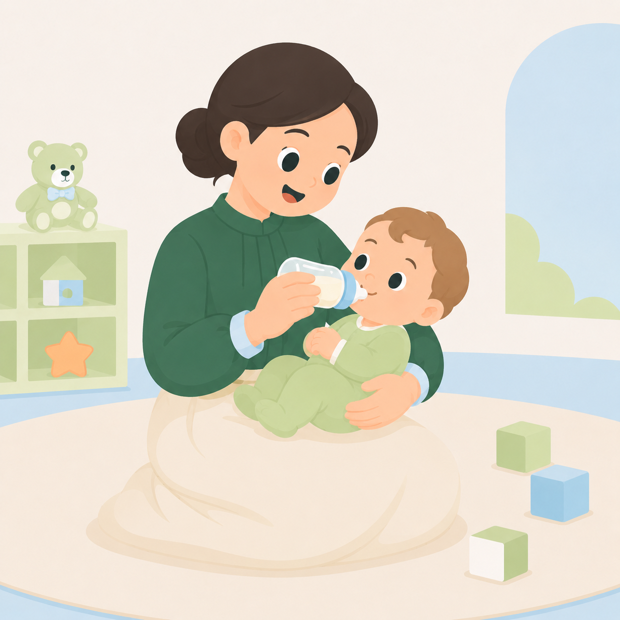 A caregiver feeding a baby